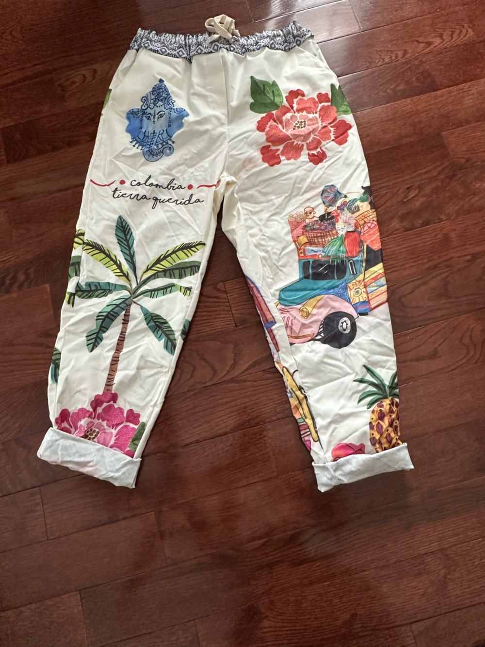 Tropical Printed Drawstring Jogger Pants - Cream with Multicolor. Made in Italy